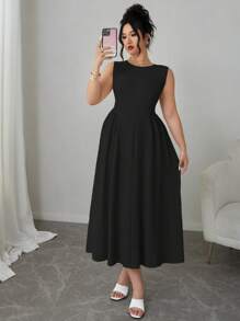 Elenzga Đầm Maxi Cổ Tròn Xếp Ly Không Tay Thanh Lịch Màu Trơn Cho Nữ Cỡ Lớn - màu đen - Xem 6