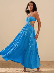 Travachic Vestido de mujer de un solo color con escote halter y espalda descubierta para vacaciones
