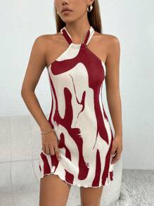 SHEIN PETITE Graphic Print Lettuce Trim Halter Short Summer Dress - Burgundy - View 5