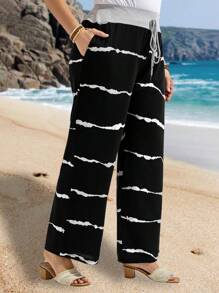 EMERY ROSE Plus Size Women's Summer Casual Striped Loose Spliced ​​Waist Black Pants With Pockets, Beach Outfits For Woman,Vacation Outfits Woman,Casual Everyday Wear,Comfortable And Breathable