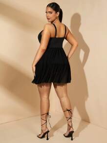 SHEIN BAE Vestido mini de línea A con parches de malla negra, romántico, elegante, sexy y dulce para el Día de San Valentín, fiesta de cumpleaños u otras ocasiones especiales, tallas grandes, primavera/verano