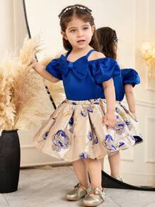 SHEIN Babygirl 花卉印花优雅无袖上衣和裙子套装，夏季