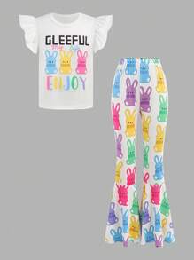 Tween Girl Cartoon Rabbit Letter Print Cap Sleeve Top And Flared Pants 2 Pieces Set