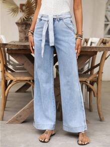 SHEIN LUNE Women's Pocketed Twisted Waist Flare Casual Jeans - Blue - View 6