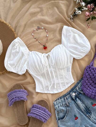 Soleia Nueva blusa de punto texturizada con diseño de pecho plisado y abertura para mujer, ideal para vacaciones de primavera, San Patricio, Pascua, conciertos, elegante, vacaciones, casual de negocios, estilo occidental, linda, bohemia, campestre, modesta, ropa de calle, tropical, gyaru, floral, espalda descubierta