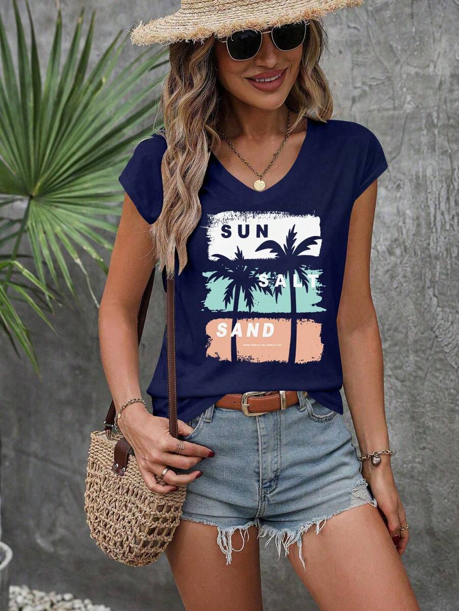 INAWLY Plus Size Casual Palm Tree Print T-Shirt - Navy Blue - View 1