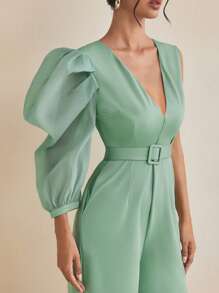 ODELIAR Designer Women Green Deep V Wide-Leg Organza Puffy Sleeve Elegant Spring Summer Jumpsuit Vacation Outfits, Spring Break, Ibiza Fits - Green - View 5