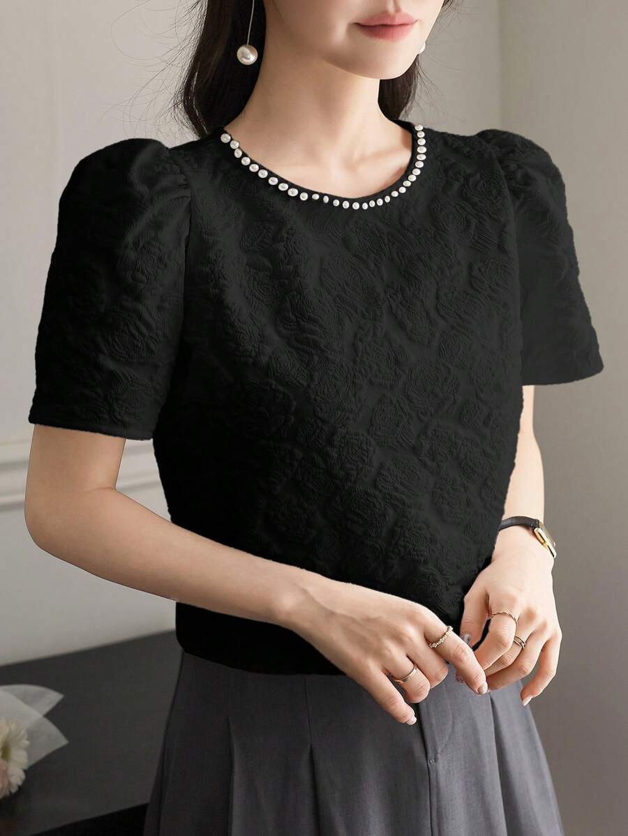 Wynsel Women's Textured Crew Neck Beaded Short Sleeve T-Shirt, Suitable For Office Wear Work Women Clothes - Black - View 1