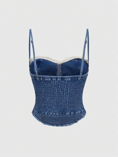 Kawaii Blouse en denim près du corps pour femmes avec décor de nœud