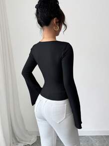 Elenzga 优雅珍珠装饰方领喇叭袖通勤衬衫 - 黑色 - 查看 2