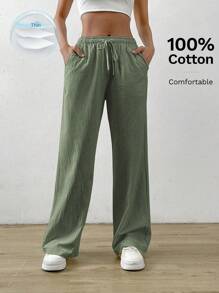 SHEIN EZwear 抽绳腰斜口袋绿色裤子