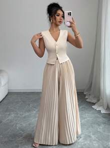 Elenzga 2 件套：纯色金属纽扣无袖衬衫和褶皱西裤，优雅女装 - 杏色 - 查看 1