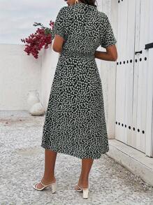 Breezaya 碎花系带前纽扣连衣裙长款女装 - 黑色 - 查看 2