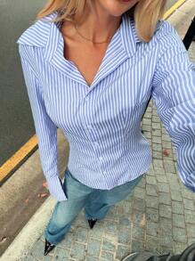 Forever 21 春夏女士浪漫/舞会/正式/生日/90 年代/商务休闲女士/优雅/西部装/外出/时尚/休闲/Y2k/俱乐部/办公室/鸡尾酒会/复古/紧身/狂欢节/有趣/优雅/老钱/街头服饰/度假/乡村音乐会/工作/端庄/春假/单身女郎/音乐会/坏人/基本款/毕业/条纹长袖单排扣休闲工作服衬衫