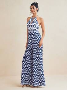 JIAN LASALA Women's Summer Hollow Out Geometric Print Wide Leg Jumpsuit, Fashionable Halter Design - Blue - View 5