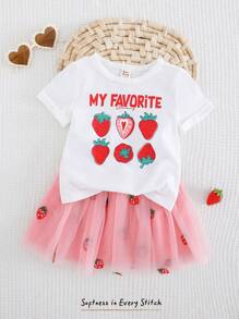 Cozy Pixies 两件套女婴草莓图案针织柔软圆领短袖上衣和网纱裙 - 粉色 - 查看 4