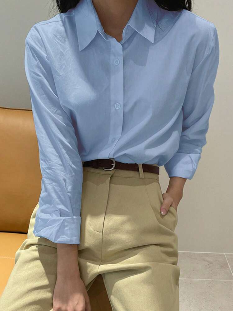 Camisa Casual de Trabalho de Manga Longa em Cor Sólida para Mulheres