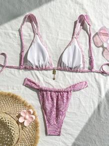 Swim Mod Spring Break Women Beachwear Summer Outfits, 2pcs Textured Fabric Fuchsia Triangle Bikini Swimwear With Pendant, Holiday Beach Sets - Lilac Purple - View 2