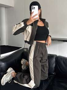 DAZY Conjunto de 2 piezas para mujer con chaqueta y pantalones con pespuntes en contraste, ropa de mujer para otoño - Gris Oscuro - Ver 1
