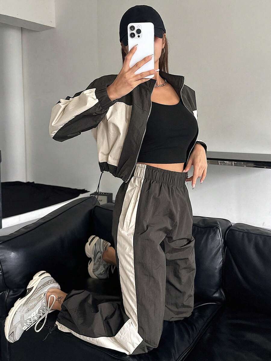 DAZY Conjunto de 2 piezas para mujer con chaqueta y pantalones con pespuntes en contraste, ropa de mujer para otoño - Gris Oscuro - Ver 1