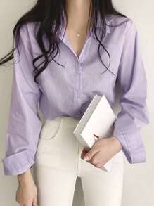 DAZY Solid Button Front Shirt,Long Sleeve Tops - Lilac Purple - View 9