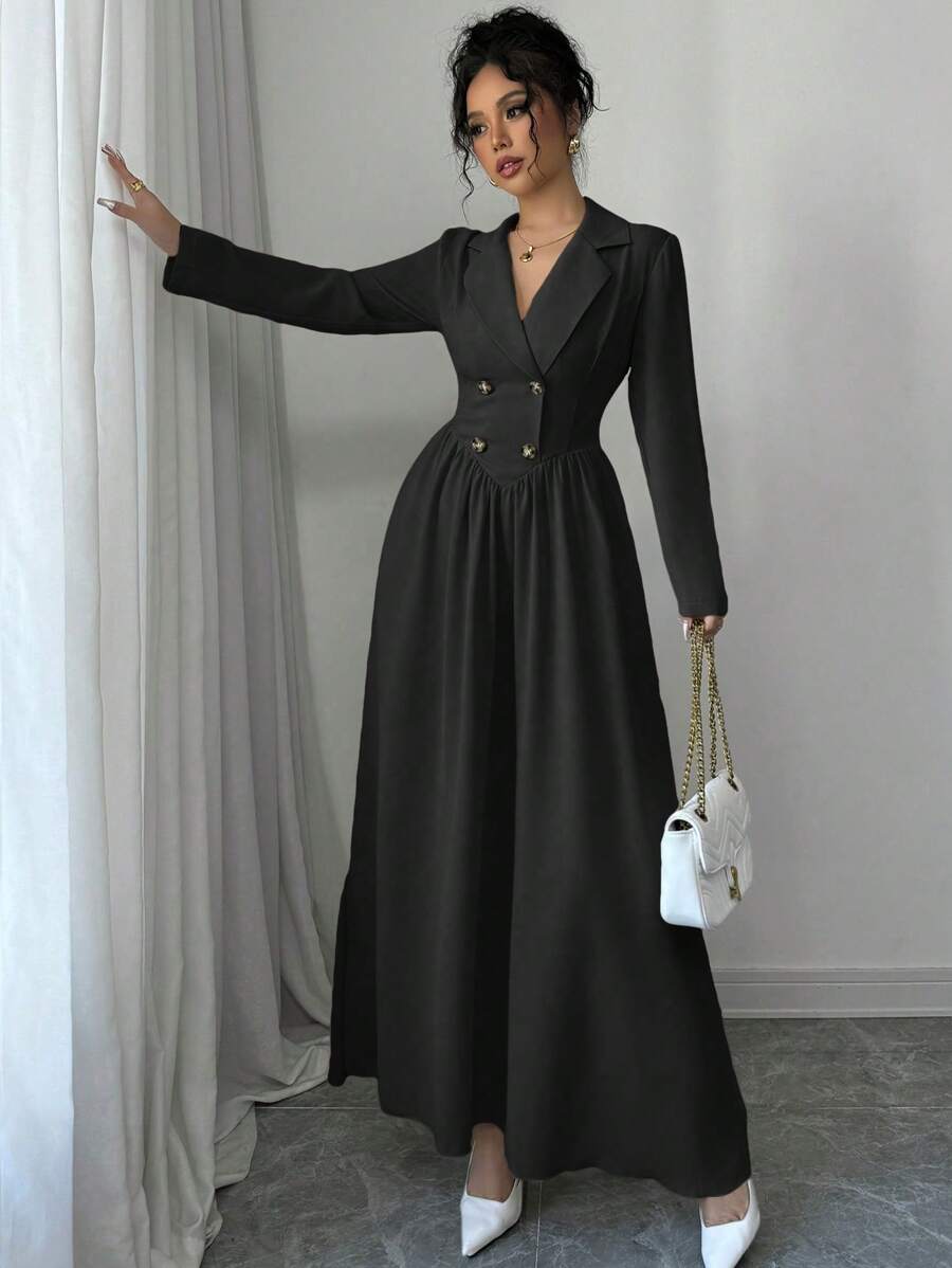 Selianne Vestido largo de manga larga con cuello, corte evasé, de alta gama para mujeres, vestido largo de mujer para otoño/invierno - Negro - Ver 1
