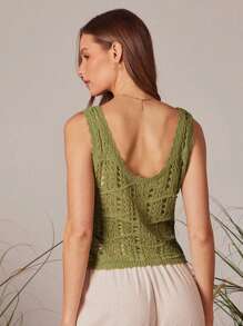 WESTFADE Spring Vacation Scoop Neck Faux Crochet Scallop Hem Knit Top - Army Green - View 3