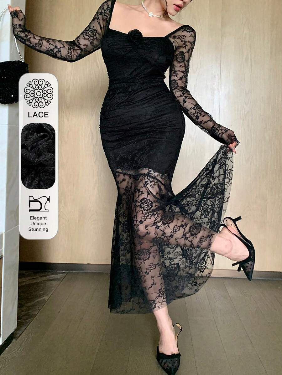 DAZY Robe de soirée élégante à col carré avec manches longues et motif ...