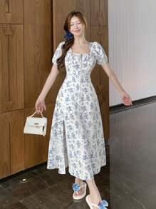 DAZY Blue & White Porcelain Ditsy Floral Waist Cinched Split Hem Tea-Length Dress For Women Summer,Milkmaid Dress Sundress Vacation Outfits Women - Blue - View 9