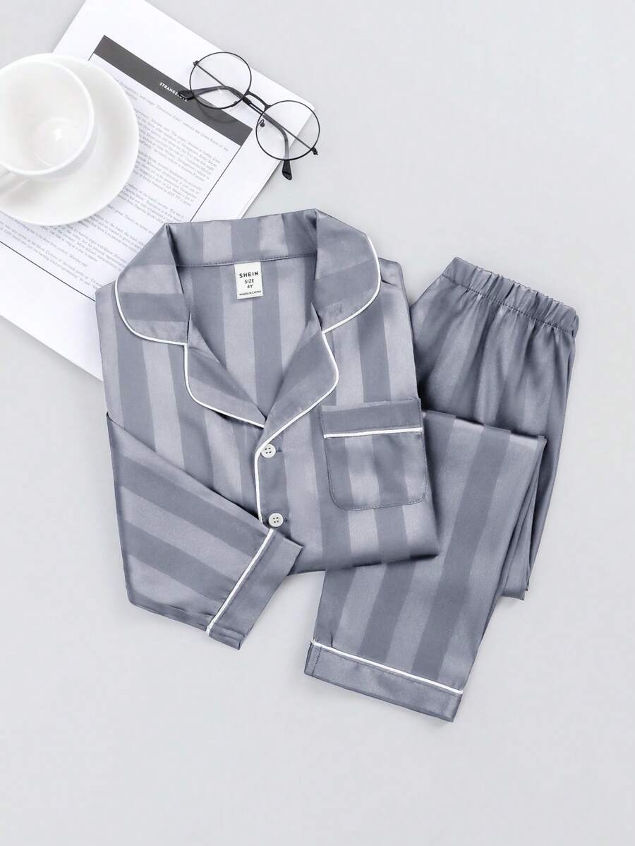 Young Boy Striped Long Sleeve Top & Long Pants Home Outfit Set, All Season Pajama Set Pjs Set Tween Girl Clothes Tween Girl Pajamas Satin - Grey - View 1