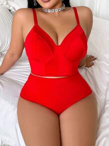 SHEIN 大码女士内衣套装、纯色吊带背心和高腰内裤 - 紅色 - 查看 4
