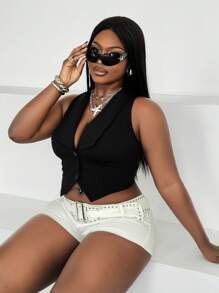 Áo ba lỗ không tay màu trơn cỡ lớn - màu đen - Xem 2