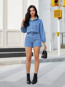 SHEIN Essnce Macacão Casual de Denim Lavado de Manga Longa com Ombro Caído e Abotoamento Simples para Mulheres - Lavagem clara - Visão 5