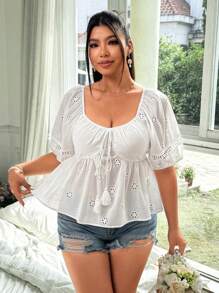 Flirla Plus Size Women Vacation Casual Solid Lace Embroidery Blouse