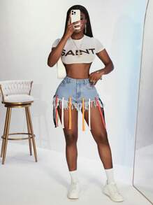 Slaydiva 女式夏季时尚流苏下摆牛仔短裤 - 藍色 - 查看 7