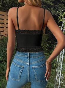 INAWLY Women's Contrast Lace Strappy Cami Top, Fashionable And Resort Style - Black - View 2