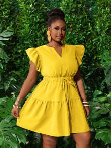 Slaydiva New Spring And Summer Casual Holiday Round Neck + V-Neck Ruffle Cap Sleeve Elastic Waist Bow Decor Layered Ruffled A-Line Mini Dress, Green Plus Size  Summer Outfits For Women Plus Size - Yellow - View 6