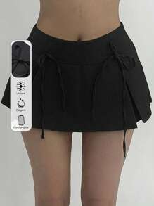 Strévra 女士蝴蝶结装饰百褶迷你裙 Y2k - 黑色 - 查看 6