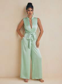 ODELIAR Designer Green Deep V Wide Leg Elegant Fashion Jumpsuit With Removable Belt For Spring And Summer Vacation, Spring Break, Ibiza Fits - Green - View 6