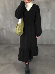 FRIFUL 女式V领荷叶边下摆长袖系腰连衣裙秋冬