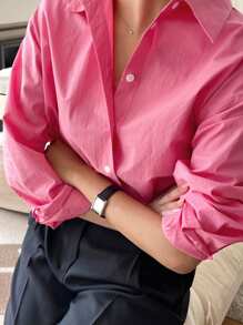 DAZY Solid Drop Shoulder Button Front Shirt Long Sleeve Top - Hot Pink - View 4