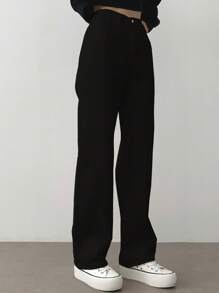 DAZY 女式休闲纯色直筒裤 - 黑色 - 查看 5