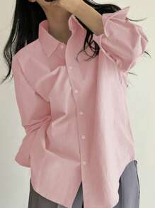 DAZY Women Solid Color Turn-Down Collar Long Sleeve Shirt With Front Buttons,Long Sleeve Tops
