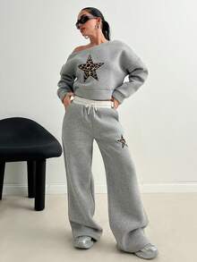 CasuGlow Women's Oblique Shoulder Sweatshirt And Contrast Waistband Drawstring Long Pants, Leopard Print And Star Patch Design, Casual Street Style 2 Piece Set Tracksuit - Grey - View 3
