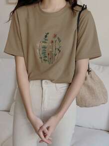DAZY 花卉和字母刺绣 T 恤，无付出，无收获，图案 T 恤 - 卡其色 - 查看 3