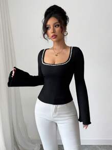 Elenzga 优雅珍珠装饰方领喇叭袖通勤衬衫 - 黑色 - 查看 3