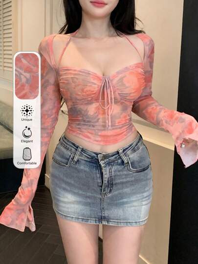 DAZY 2-In-1 Rose & Ditsy Floral Drawstring Tied Slim Fit Women Long Sleeve T-Shirt, Suitable For Valentine's Day,Fall Clothes Crop Women Tops Graphic Tee