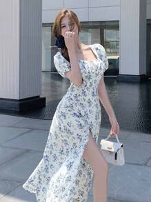 DAZY Blue & White Porcelain Ditsy Floral Waist Cinched Split Hem Tea-Length Dress For Women Summer,Milkmaid Dress Sundress Vacation Outfits Women - Blue - View 10