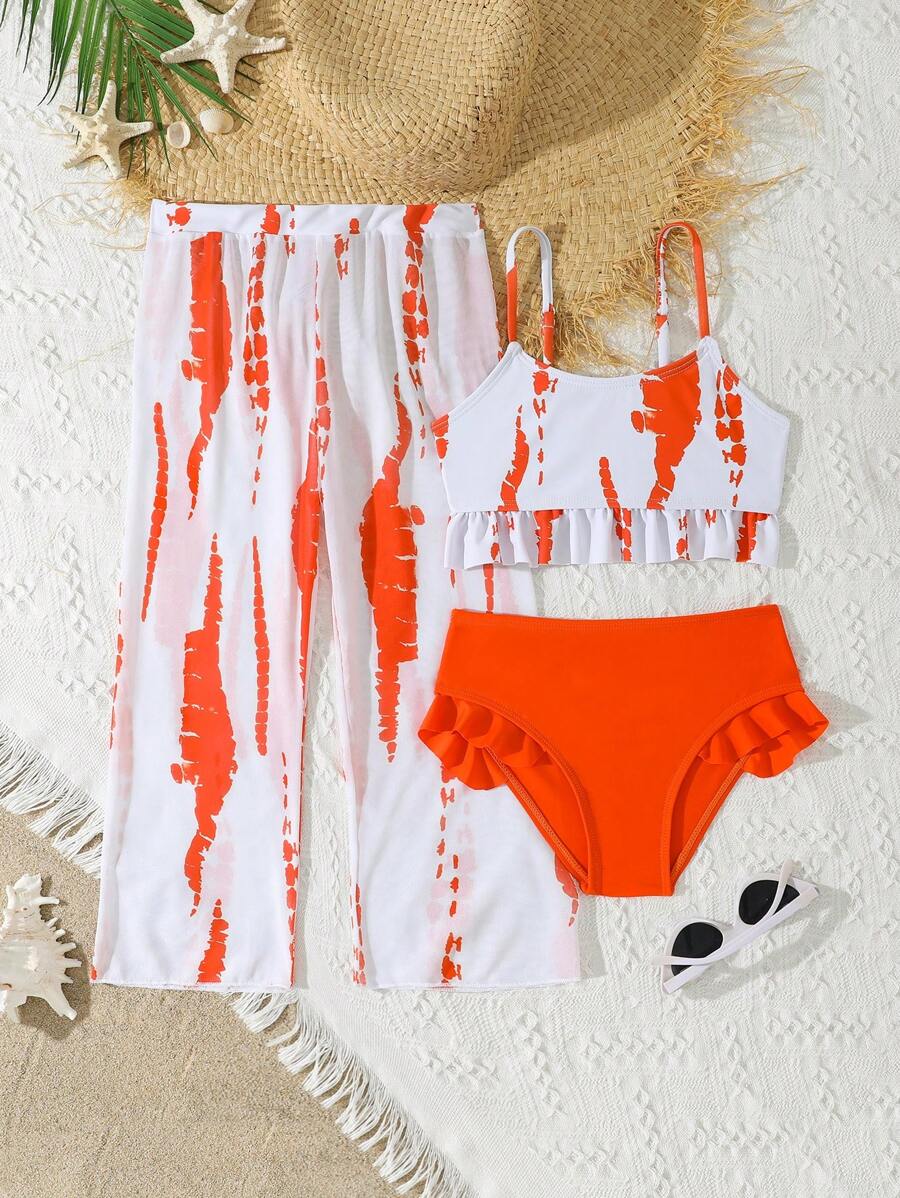 3pcs/Set Young Girl Printed Swimwear Set - Orange - View 1