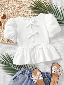 SHEIN LMoss Kids 年轻女孩休闲宽松纯色圆领短袖套头衫 - 白色 - 查看 3